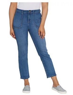 LOGO Lori Goldstein Light Wash Crosshatch Straight Ankle Jeans w/Pockets New