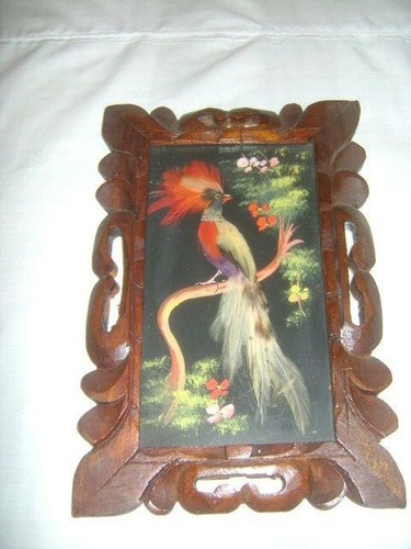 50er Jahre mexikanische exotische Feder Vögel Kunst mit handgeschnitztem Rahmen Vintage - Bild 2 von 8