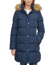 Tommy Hilfiger Faux Fur Trim Hooded Navy Blue Puffer Coat X4404 Size Small