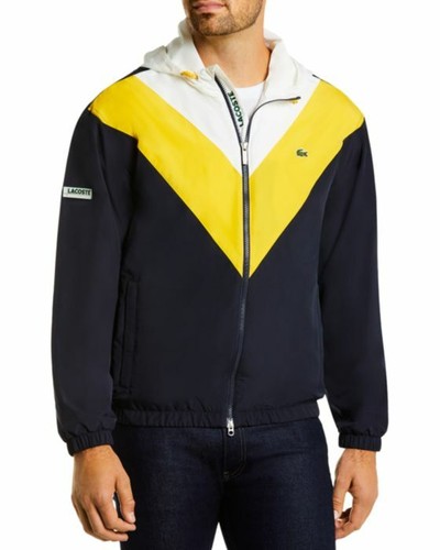 LACOSTE Navy Blue/Yellow/White Lightweight Colorblocked Hooded Jacket Sz 52/M/L - Picture 3 of 12