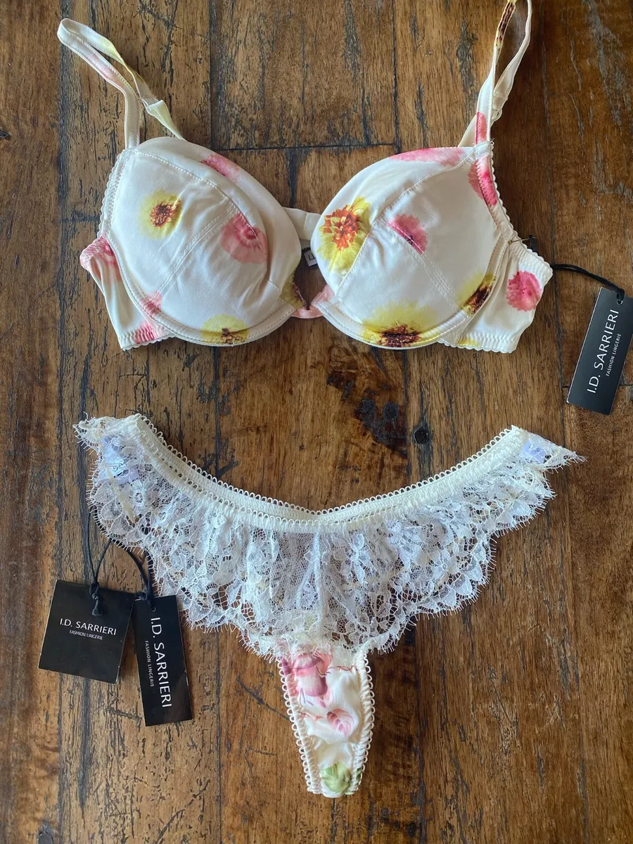 BNWT I.D. Sarrieri Silk & Lace Ivory Floral Print Bra and Underwear Set sz  34B M