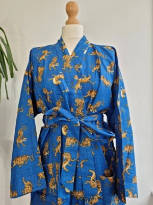 Indisch Baumwolle Kimono Robe Nachtwäsche Blau Tiger Aufdruck Nacht Anzug US