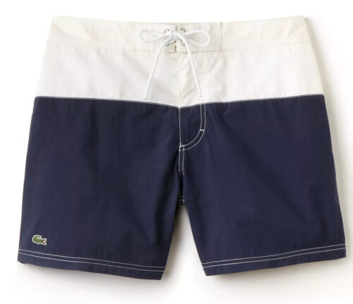NWT Lacoste Mens Colorblock Taffeta Board Shorts MH7093, White/Navy, Size S