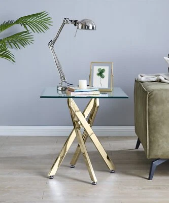 FURNITUREBOX UK LEONARDO Clear Tempered Glass Side Display Table With Gold Starburst Legs