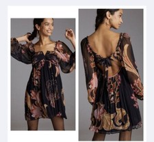 ANTHROPOLOGIE LET ME BE BABYDOLL TIE BACK MINI DRESS BLACK FLORAL Size XS New