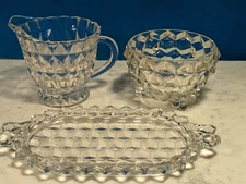 MCM Vtg Fostoria Cubist Glass 3 Piece Cream & Sugar Set Tray Geometric Glam 