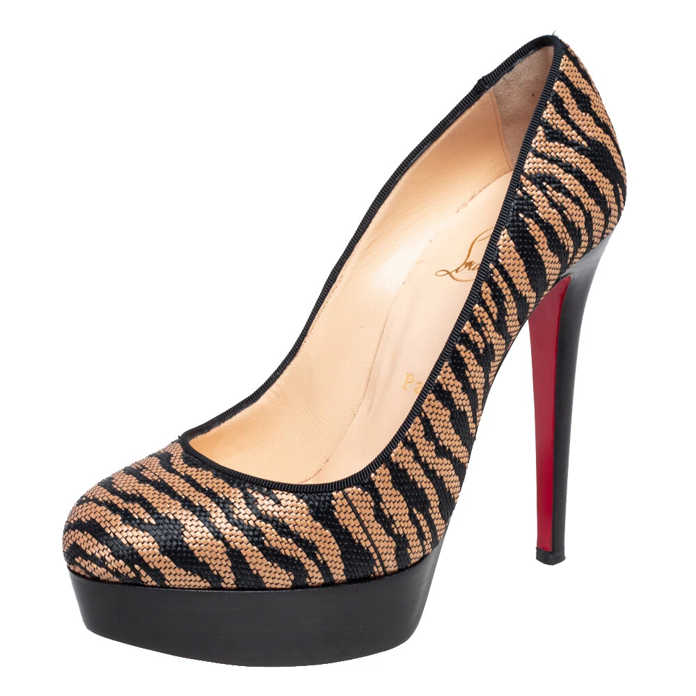 Christian Louboutin Beige/Black Raffia Panama Tiger Weave Bianca Pumps Size  39