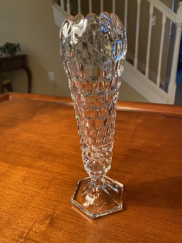 Vtg Fostoria American Clear Cupped Bud Vase - HEXAGON Footed - 8 1/2"