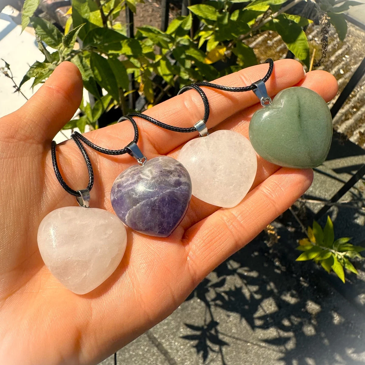 Heart Shaped Polished Crystal Necklace Healing Stone Pendant Rose Quartz Amethys
