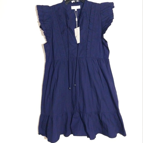 Caroline Constas Women's 100% Cotton Ruffle Sleeve Tiered Mini Dress Navy M NWT