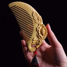120*58*13mm Peony Flowers Pattern Hand Carving Boxwood Crafts Gift Comb