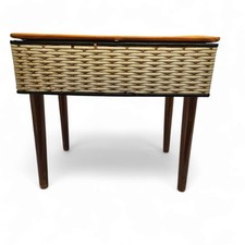 Sewing Box Woven Wicker Large With Contents Removeable Legs 17.5"x6" Vintage
