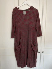 SAHARA Woven Flared Midi Dress XL UK 18  Brown Red Pocket Relaxed Lagenlook Arty