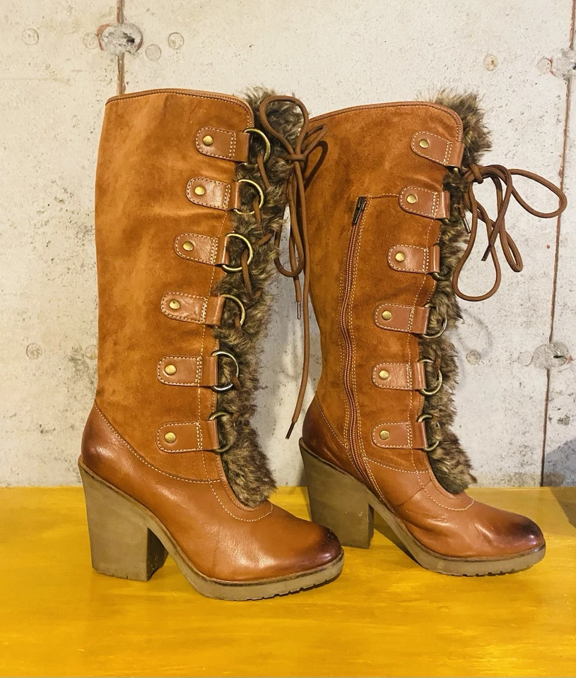 Botas hasta la rodilla de cuero Lucky Brand con piel sintética talla 8. 5 cordones estilo años 70 Foto 3 de 4