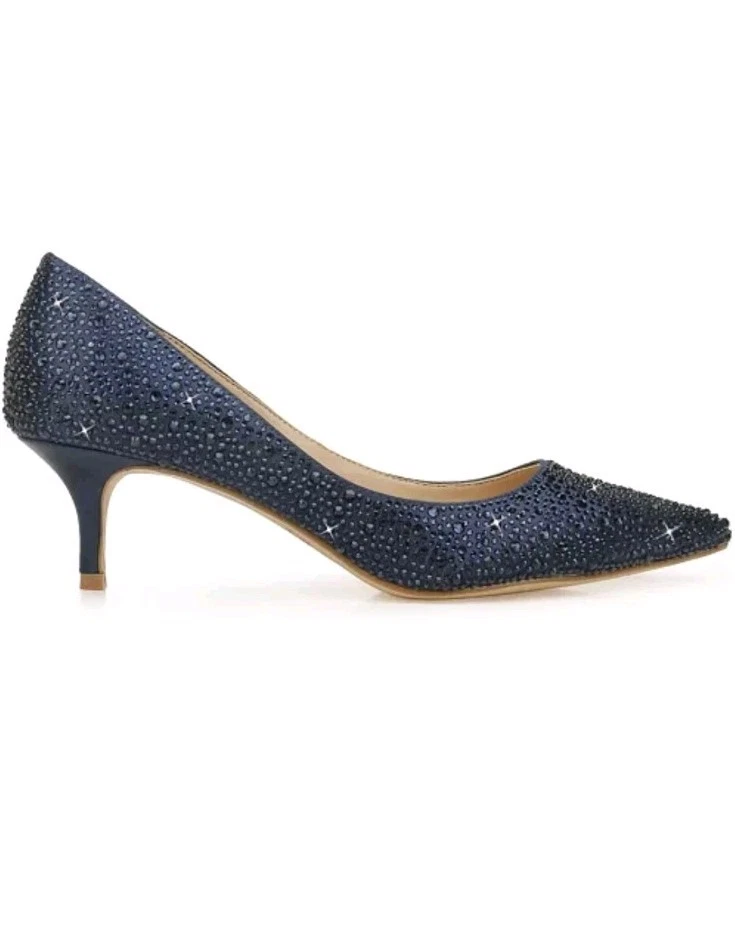 Jewel Badgley Mischka Women's Frenchie Kitten Heel Evening Pumps Navy Satin 7 - Image 2 of 4
