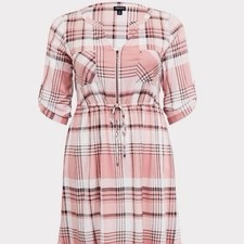 Torrid Pink Plaid Challis Zip Front Tab Sleeve Shirt Dress plus Size 2 