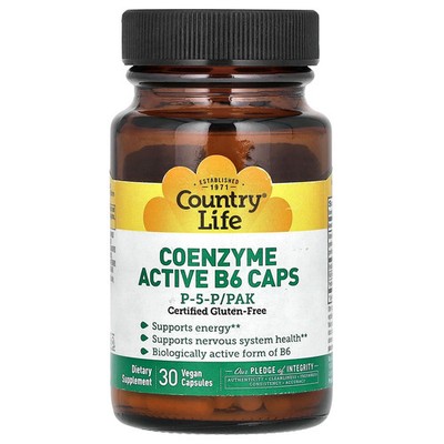 Country Life Coenzyme Active B6 Caps P-5-P PAK 30 Veggie Caps Gluten-Free, GMP