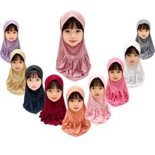 Kids Girls Head Wrap Hijabs Cap Shawl Solid Color Pleated Ruffle Edge Headscarf
