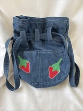 Vintage Denim Jean Strawberry Fruit Satchel Cinch Handbag Blue 14x12”