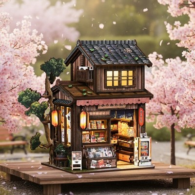 DIY Miniature House Kit, Book Nook Japanese Grocery, 3D Wooden Puzzle Dollhouse
