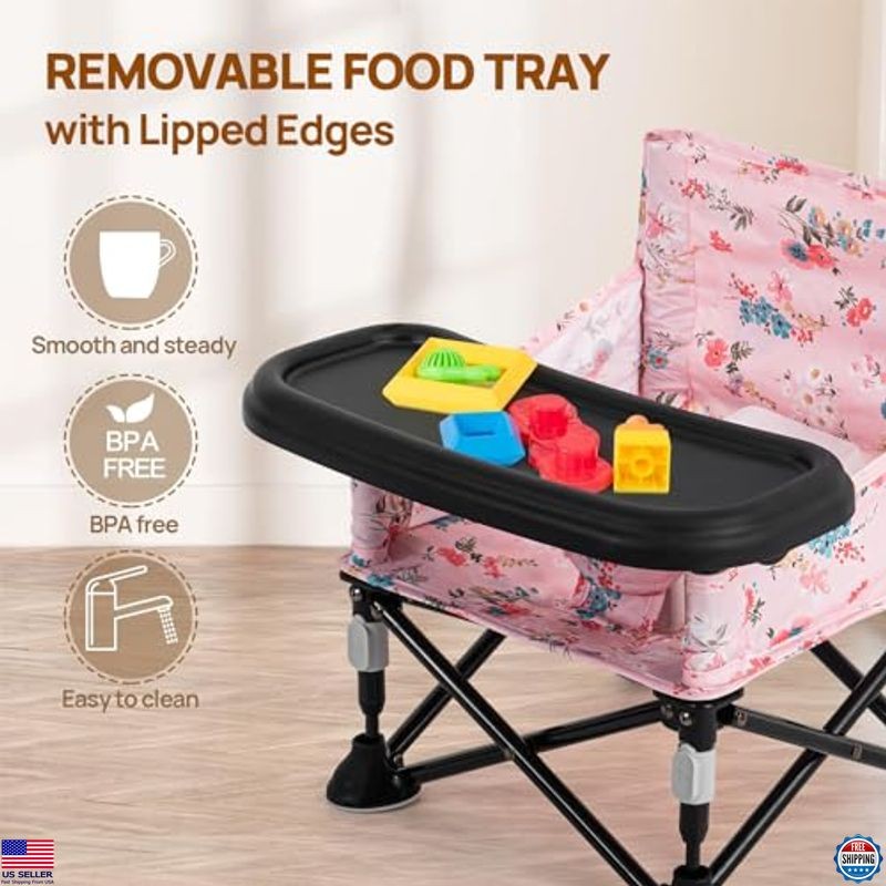 Chic Pink Floral Booster Seat with Removable Tray - Portable Foldable Baby Chair