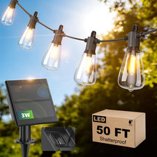 50FT Solar String Lights with 25 Shatterproof Edison Bulbs for Outdoor Use