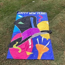 Happy New Year Top Hat Balloons Blue Outdoor Garden Flag 28" x 43" Embroidered