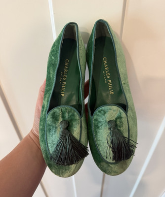 Charles Philip Green Velvet Tassel Slip-On Loafer Flats Women s EU 35