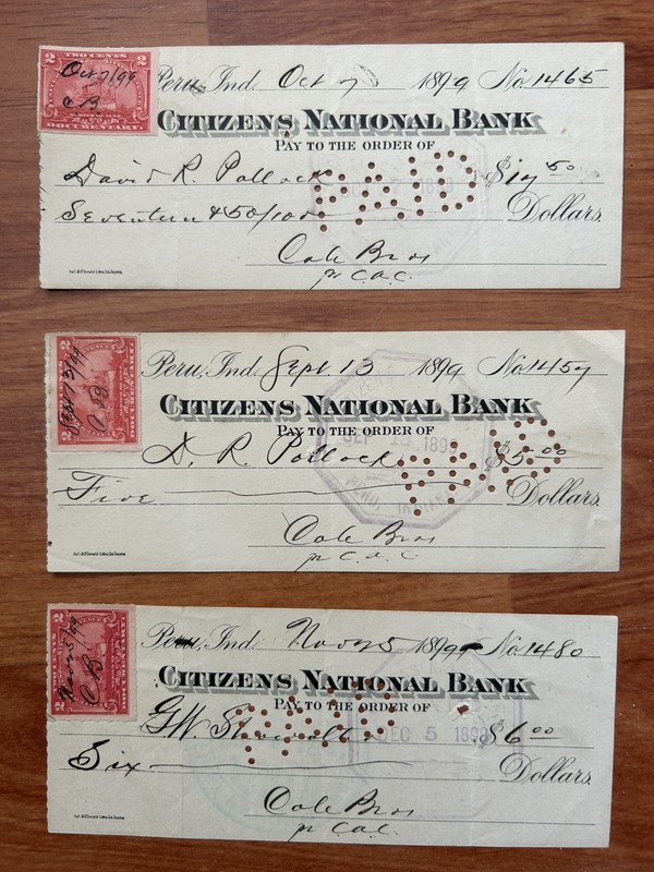 United States 1899 - Three Old " Citizens National Bank ". Peru, Indiana Bank Ch