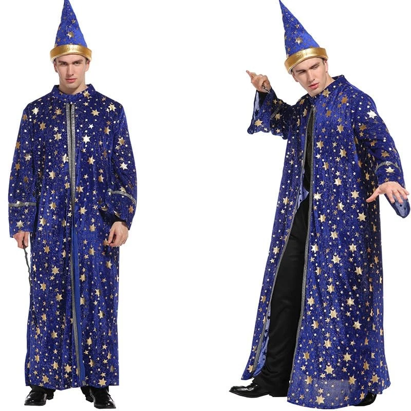 Adults Wizard Costume Wizard Cloak Stars Magician Cape and Hat Witch Cloak bl... - Image 3 of 4