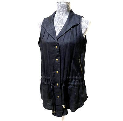 Elliott Lauren Black Linen Vest Womens 4 Snap Front Drawstring Zip Pocket Sleeve