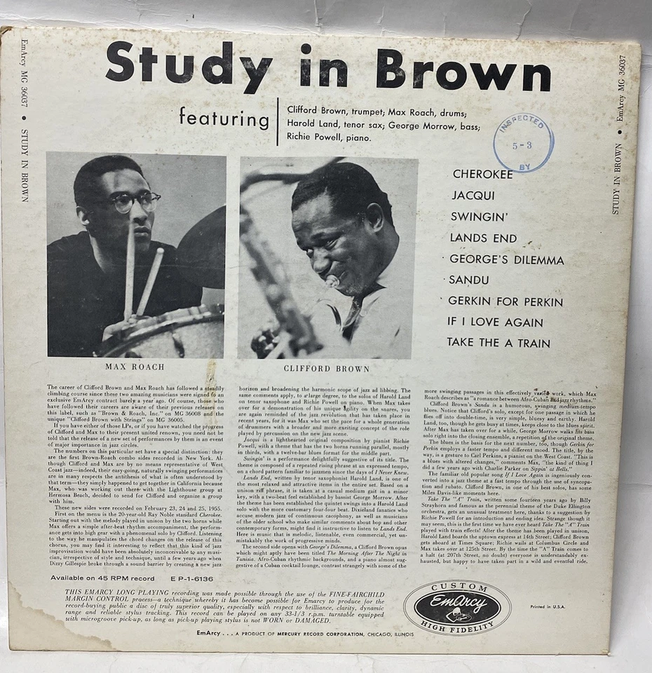 Clifford Brown & Max Roach - Study In Brown (1959) LP Vinyl Emarcy Jazz Bop VG+ - Image 2 of 4