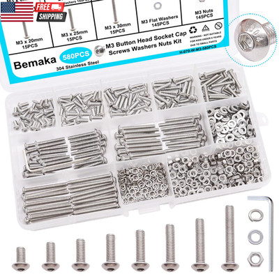 580PCS M3 Screw Kit M3×6/8/10/12/16/20/25/30 mm Button Head Socket Cap Screws wi