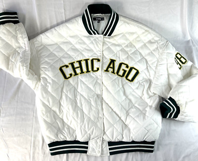 MISSGUIDED Bomber Varsity Jacket Embroidered Quilted White Green Chicago Size 6