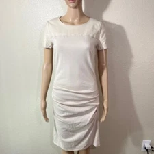 Halston Heritage Beige Wool Leather Short Sleeve Ruched Dress Size 4