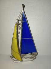 3D Stained Glass Sailboat Blue and Yellow 8" Sun Catcher Nautical Beach Ocean