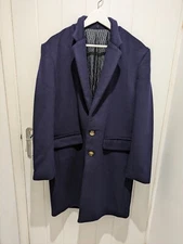 Urbane Noir London Navy 100% Cashmere Single Breasted Mid Length Pea Coat Large