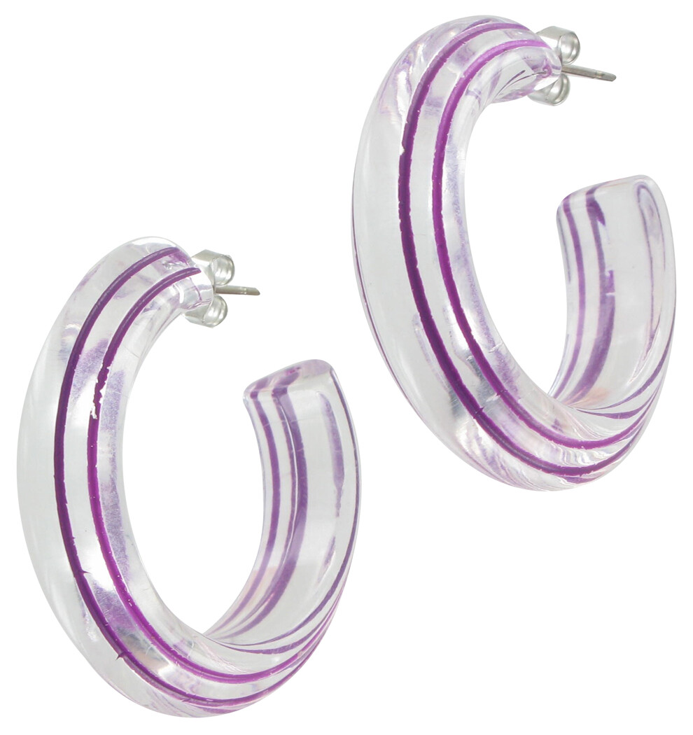 Hoop Earrings Pierced Clear Lucite Purple Vintage 2 5/8