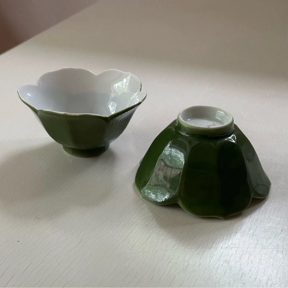 De Colección Japón Porcelana Esmaltada Lotus Bowl Cerámica Juego de 3 Verde Blanco Foto 4 de 4