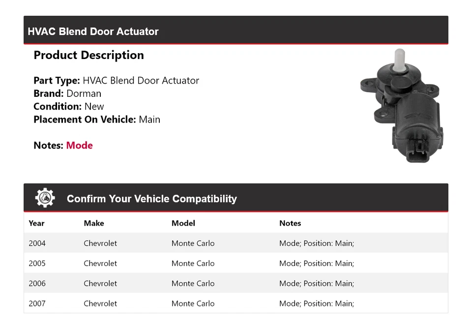 Actuador de puerta principal 2005 para Chevrolet Monte Carlo Dorman 2004-2007 mezcla de climatización Foto 2 de 4