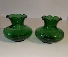 Vintage 3.5” Tall Emerald Green Glass Small Vases Ruffled Edge. One Etched.
