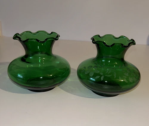 Vintage 3.5” Tall Emerald Green Glass Small Vases Ruffled Edge. One Etched.