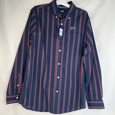 Men's M Chaps Navy Blue, White & Red Stripe Long Sleeve Button Down Dress Shirt