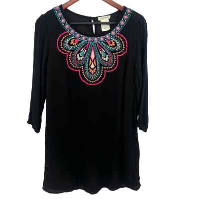 Flying Tomato Womens Size Large Black Embroidered Tunic Fall Blouse Shirt Top
