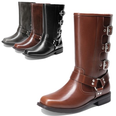 Girls Boots Knee High Motorcycle Booties Buckles Square Toe Riding Biker Boots