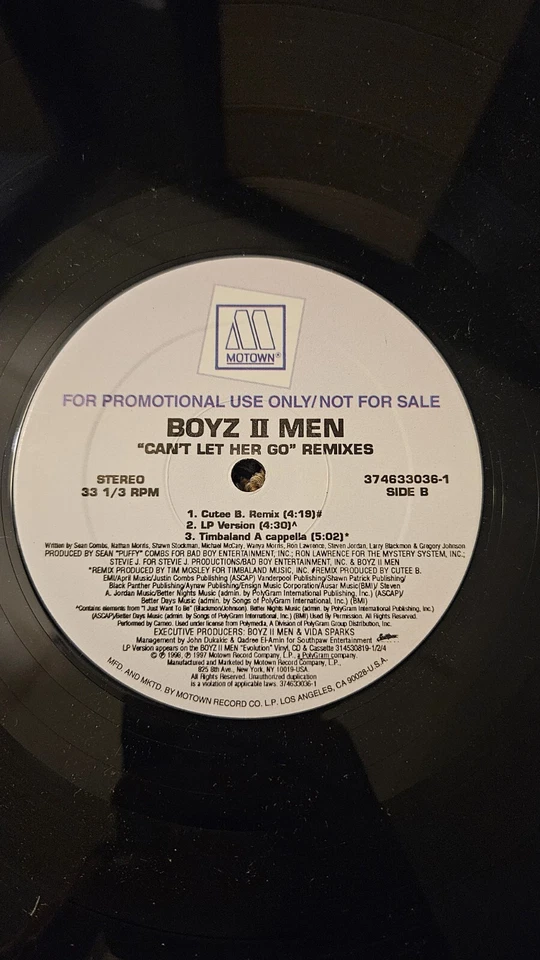 PROMO MOTOWN 12" 33 RPM BOYZ II MEN Can't Let Her Go Remixes NR MINT 1997  VINYL - Image 2 of 4