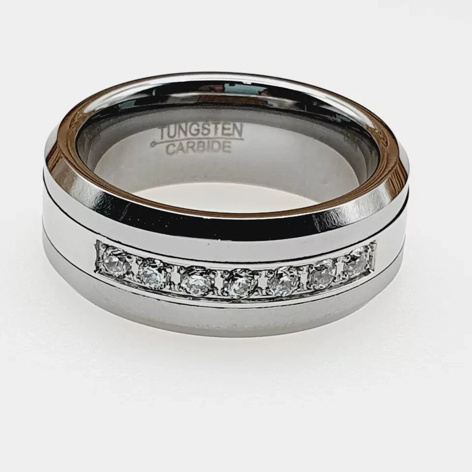 8mm Mens CZ Engagement Ring Cubic Zirconia Center Tungsten Ring Anniversary Ring - Image 3 of 4