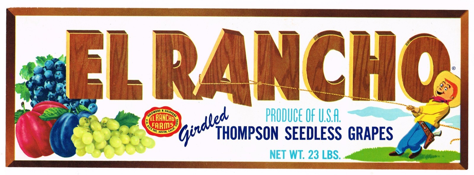 ORIGINAL CRATE LABEL VINTAGE C1960 GRAPE EL RANCHO COWBOY LASSO ARVIN ...
