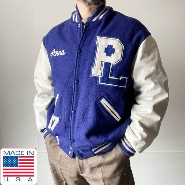 90S Usa Made Settlemier'S Wool Sleeve Leather Stadium Jacket L Blue White In Vin