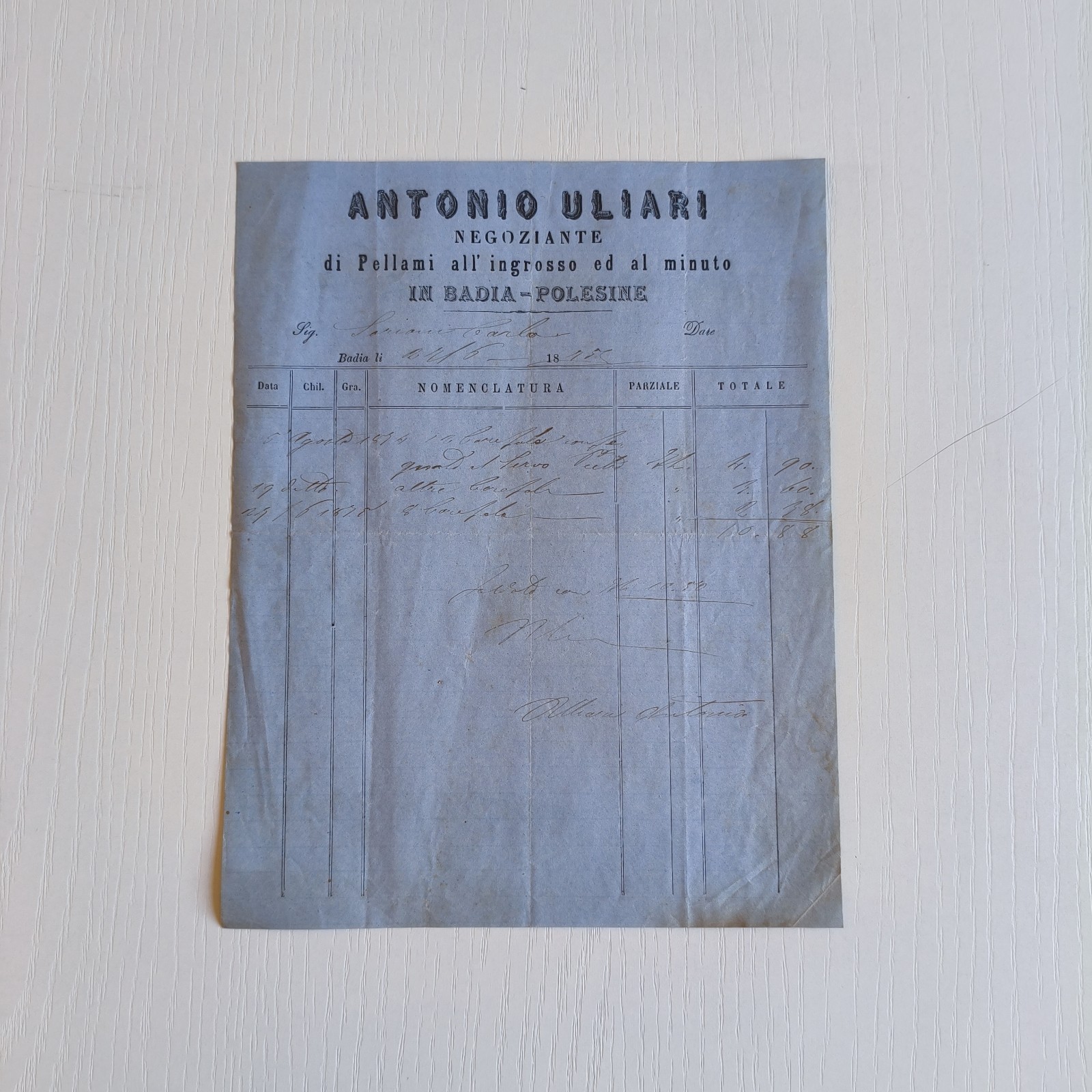 1887 Antonio Uliari Negoziante Di Pellami Badia Polesine Fattura C03711